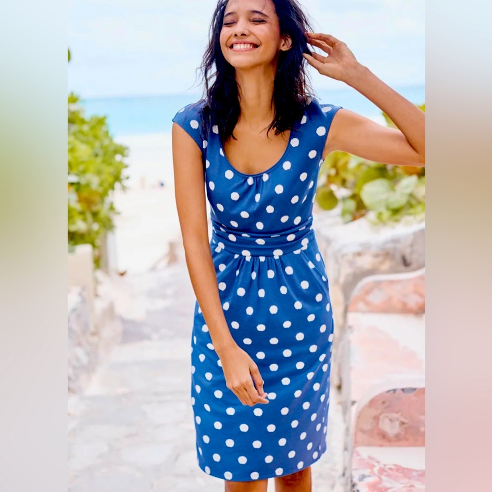 Boden blue and white polka dot midi dress sz 14